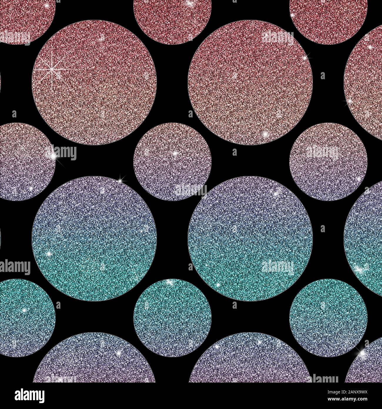 Glitzernder Polka-Punkt auf schwarzem Hintergrund mit nahtlosem Muster. Gradient mit Rosengold-, Kupfer-, Violett- und Grüntönen in großen und mittleren Kreisen w Stockfoto