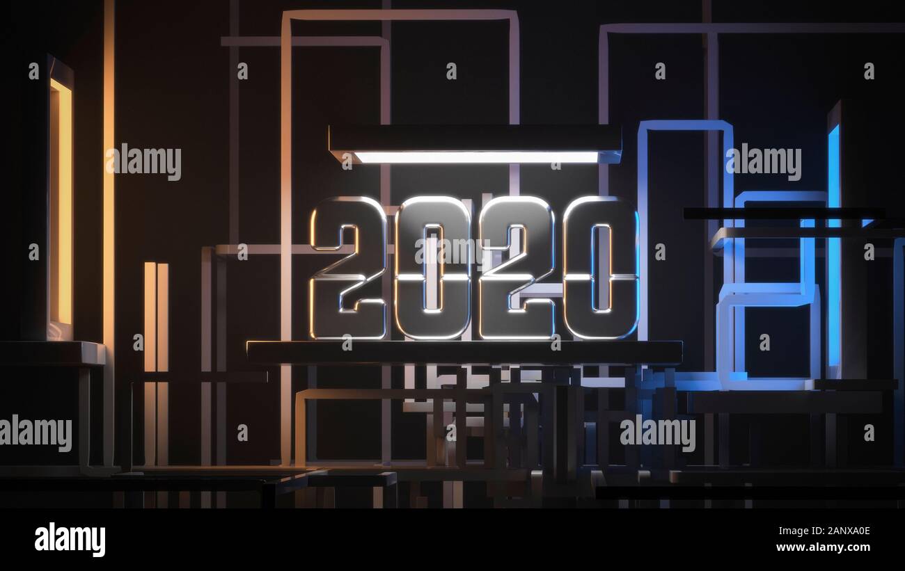 2020 Neue Jahr text Design von Stahl und umgeben Rohrnetz auf futuristische High-Tech-sonstruction Website grafik hintergrund Kommunikation Struktur Stockfoto