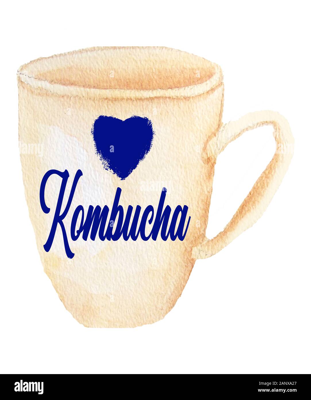 Kombucha in der Aquarellgrafik mit blauem Herzen und Schrift für dieses gesunde Getränk, das ein fermentierter Tee ist. Stockfoto