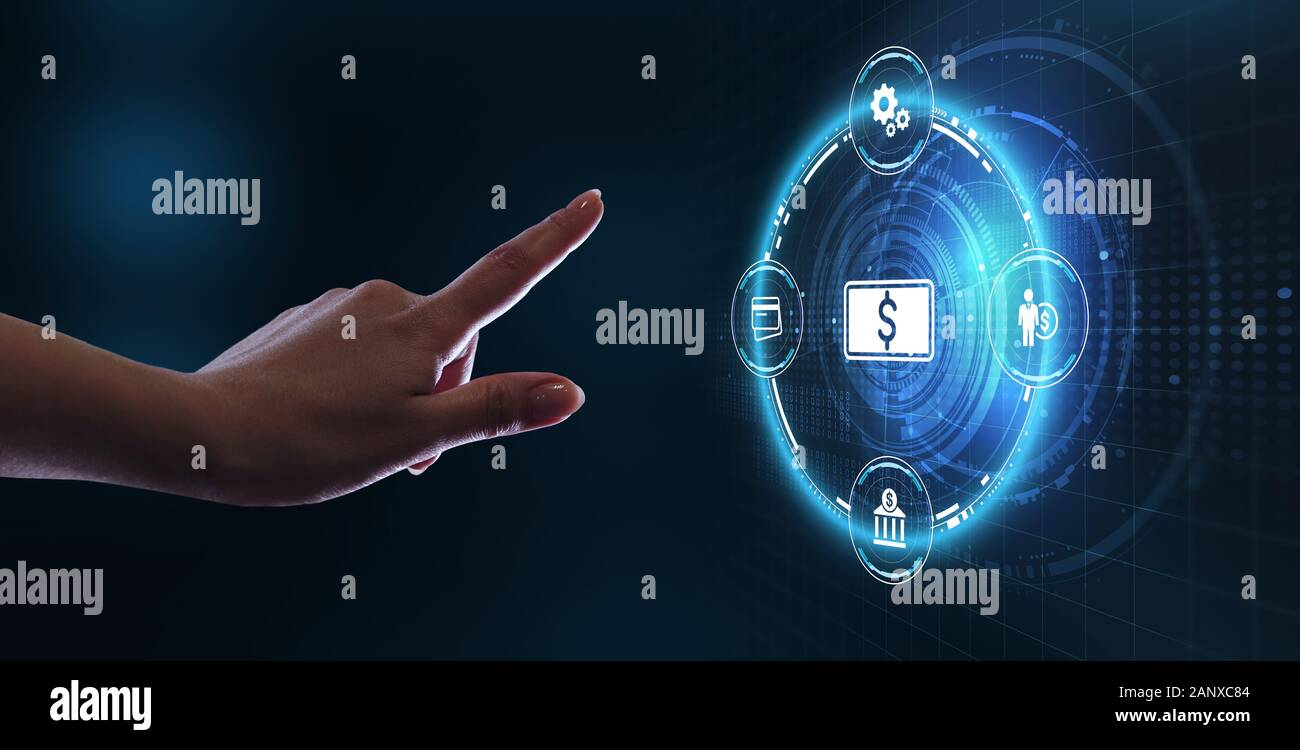 Konzept der digitalen Wirtschaft, e-Payment, und Online Banking. Junge Unternehmer wählen Sie das Symbol E-banking auf dem virtuellen Display. Stockfoto