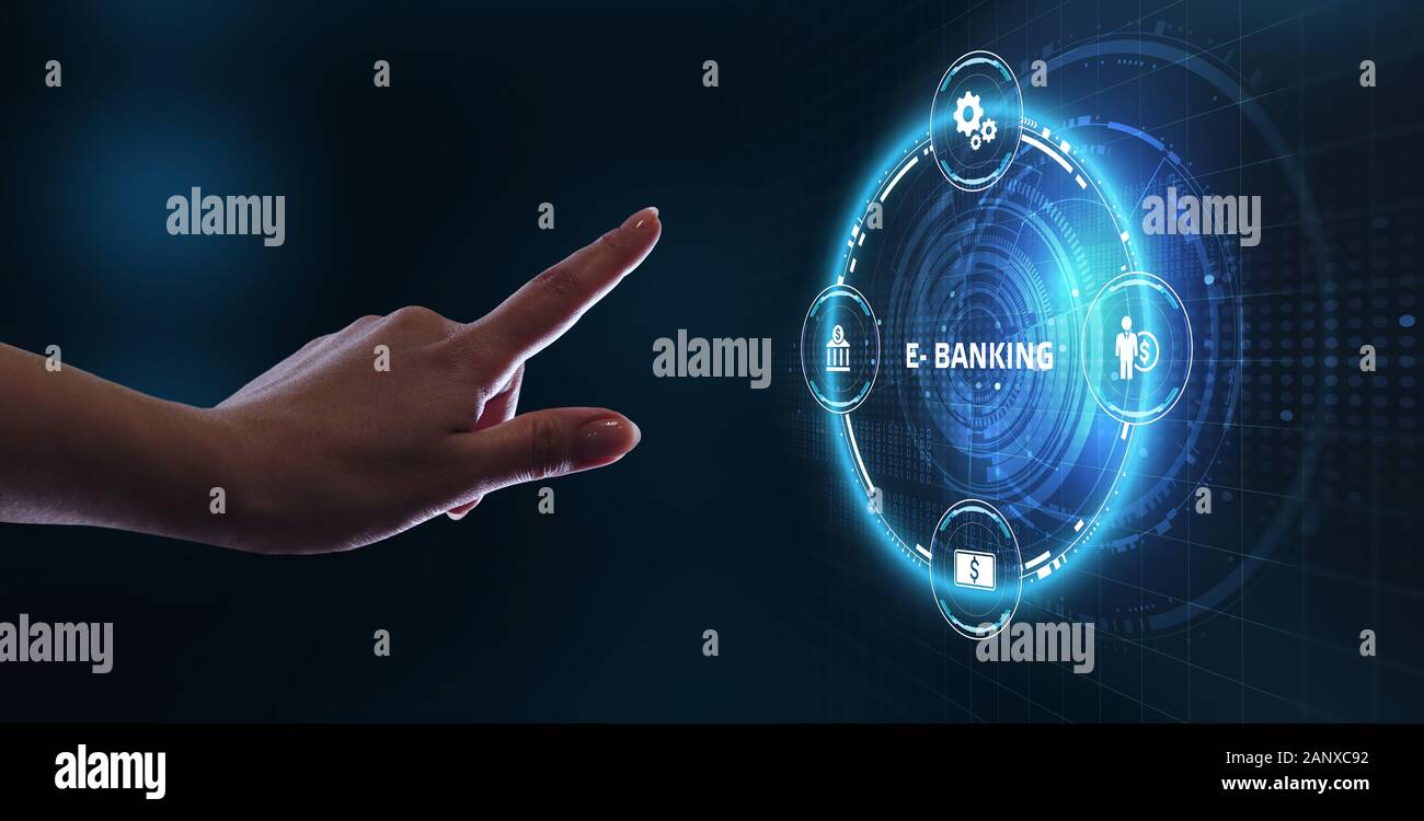 Konzept der digitalen Wirtschaft, e-Payment, und Online Banking. Junge Unternehmer wählen Sie das Symbol E-banking auf dem virtuellen Display. Stockfoto