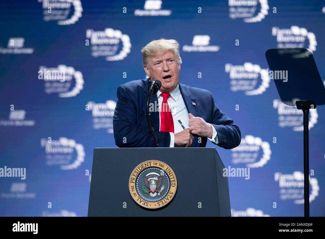 Der Präsident der Vereinigten Staaten Donald J. Trump spricht vor 5.000 Teilnehmern auf der jährlichen American Farm Bureau Federation Convention in Austin, Texas, USA. Stockfoto