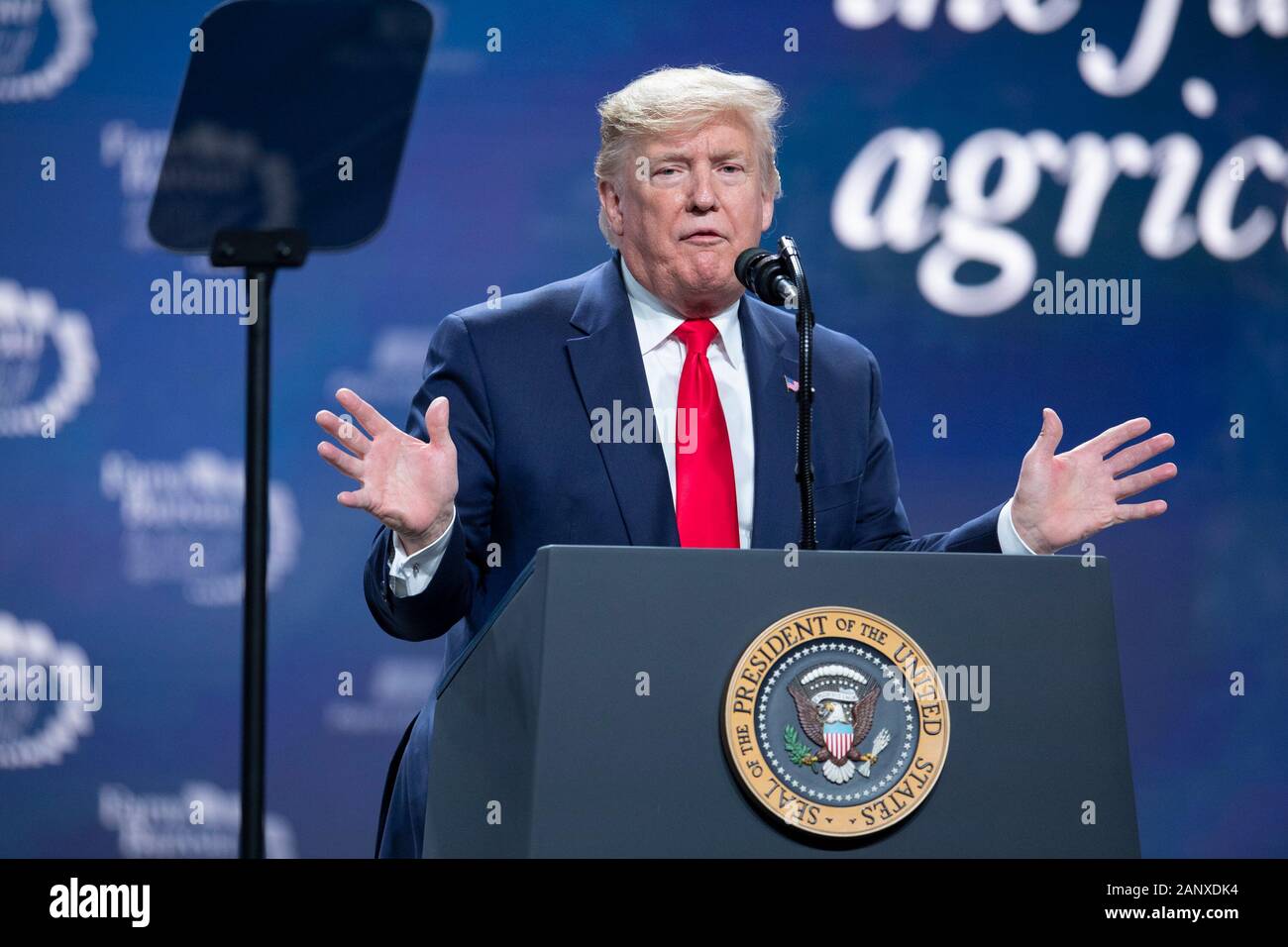 Der Präsident der Vereinigten Staaten Donald J. Trump spricht vor 5.000 Teilnehmern auf der jährlichen American Farm Bureau Federation Convention in Austin, Texas, USA. Stockfoto