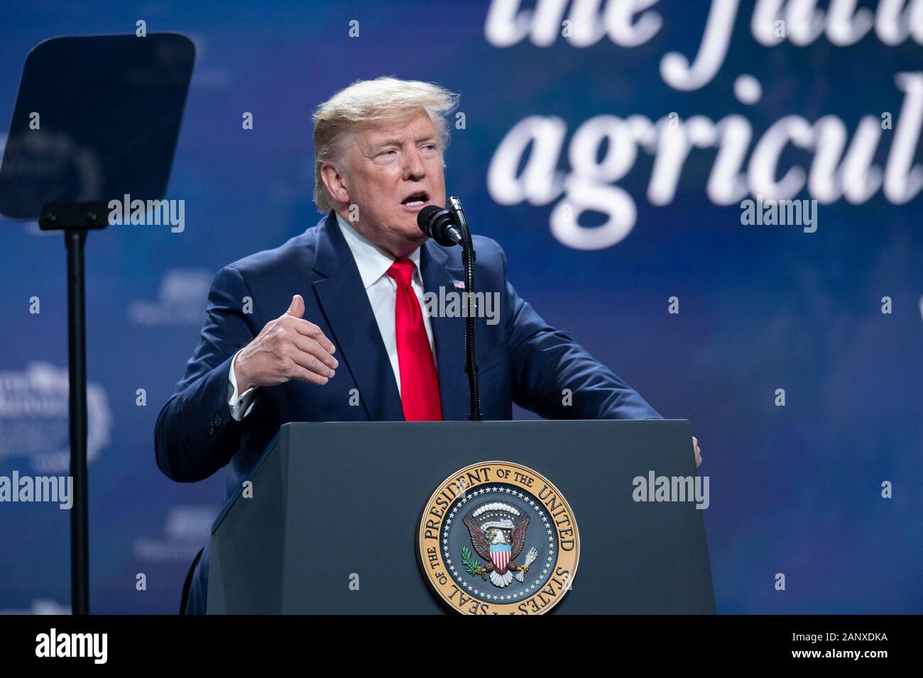 Der Präsident der Vereinigten Staaten Donald J. Trump spricht vor 5.000 Teilnehmern auf der jährlichen American Farm Bureau Federation Convention in Austin, Texas, USA. Stockfoto