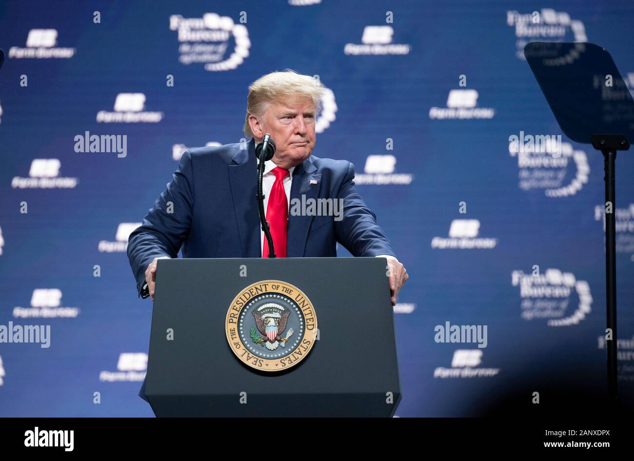 Der Präsident der Vereinigten Staaten Donald J. Trump spricht vor 5.000 Teilnehmern auf der jährlichen American Farm Bureau Federation Convention in Austin, Texas, USA. Stockfoto