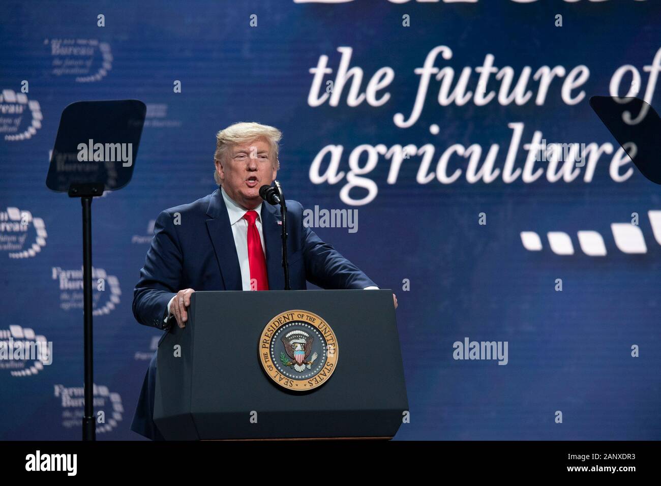 Der Präsident der Vereinigten Staaten Donald J. Trump spricht vor 5.000 Teilnehmern auf der jährlichen American Farm Bureau Federation Convention in Austin, Texas, USA. Stockfoto