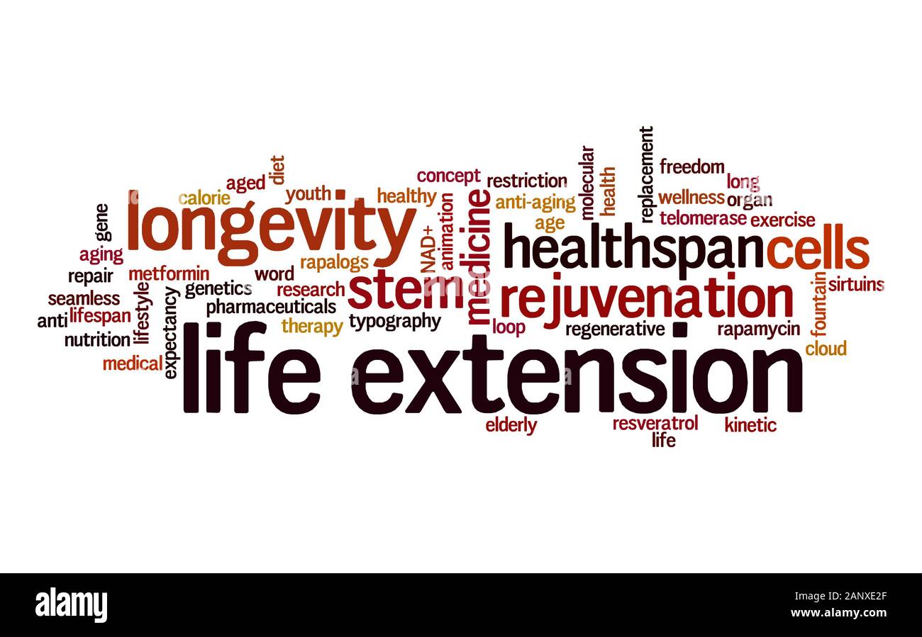Life Extension Wort Cloud. Typografie. Stockfoto