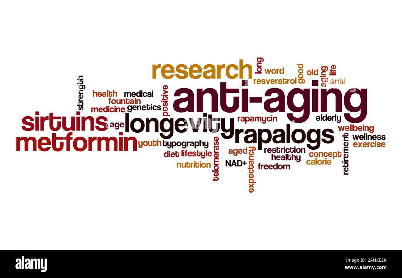Anti-Aging-Wortwolke. Typografie. Stockfoto