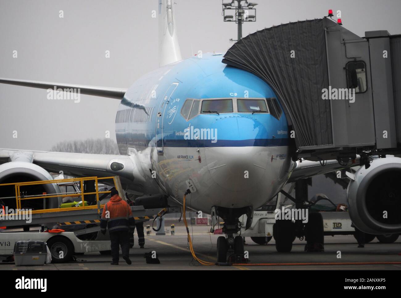 KLM Boeing 737-800 am Flughafen Borispol. Stockfoto