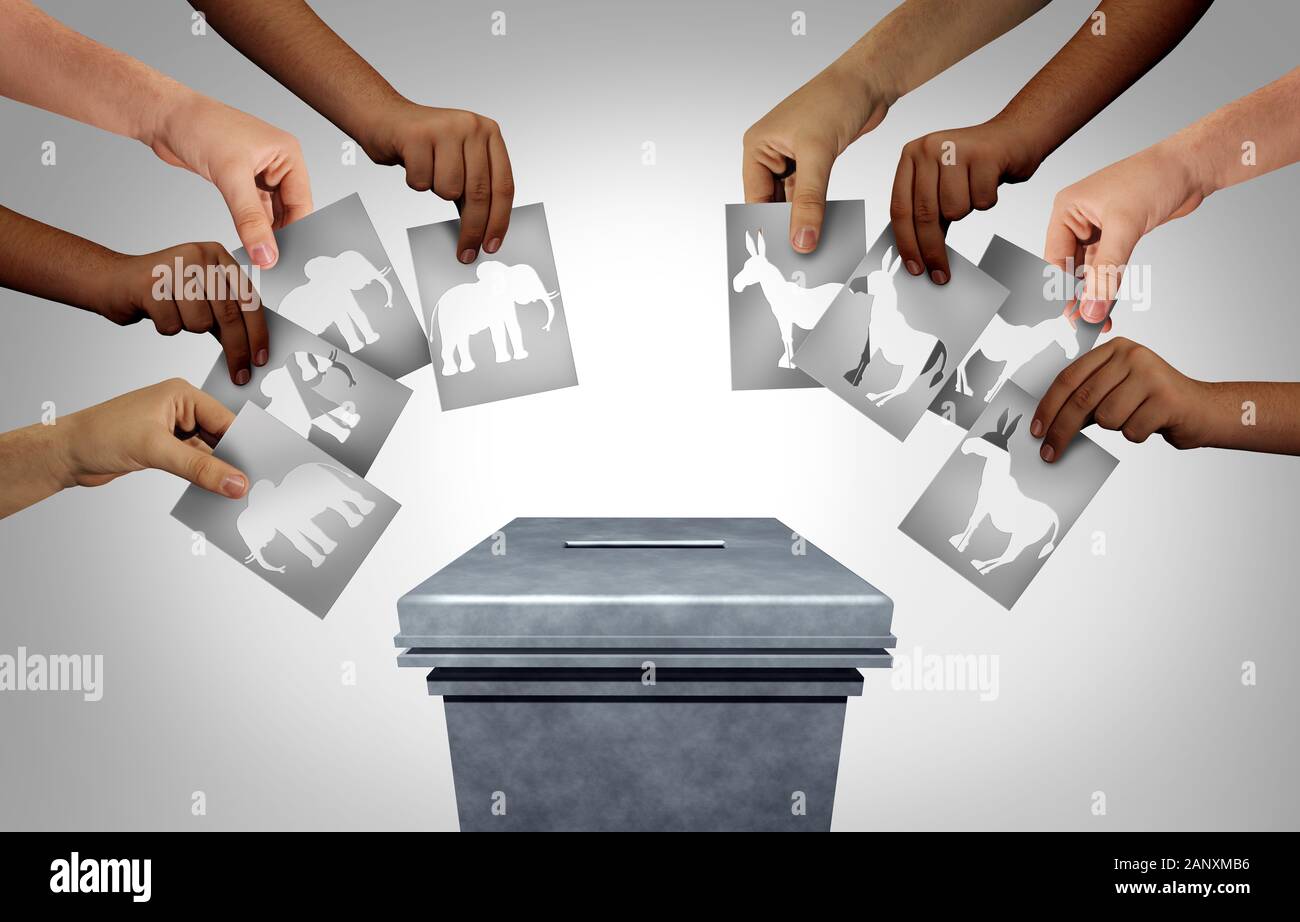 Wahlen in den USA mit Gruppen von konservativen republikanischen Wähler und liberalen Demokraten stimmen Öffentlichkeit als Gemeinschaft abstimmen so vielfältig Händen Casting. Stockfoto