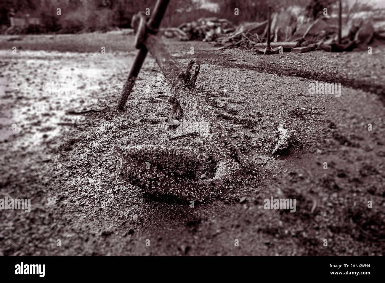 Alte Rostige Anker in der Anker Friedhof in Jamestown Bucht bei Ebbe in der Nähe von Sitka, Alaska, USA. Stockfoto