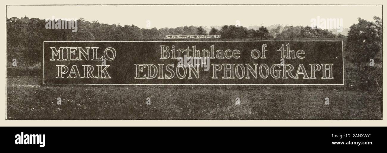 Alte Zeichen für Menlo Park - Geburtsort des Edison Phonographen - 1909 Stockfoto
