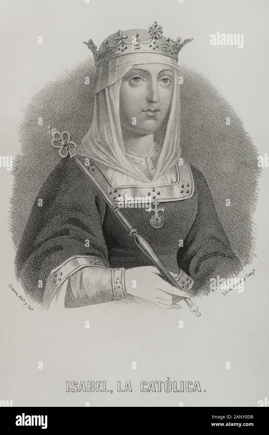 Isabel I de Castilla (1451-1504). Reina de Castilla (1474-1504). Esposa de Fernando I de Aragón. Dibujo por Llanta. Litografía. Crónica de España. Historia y Ilustrada Descriptiva de Sus Provincias. Aragón, 1866. Biblioteca Histórico Militar de Barcelona, Cataluña, Spanien. Stockfoto