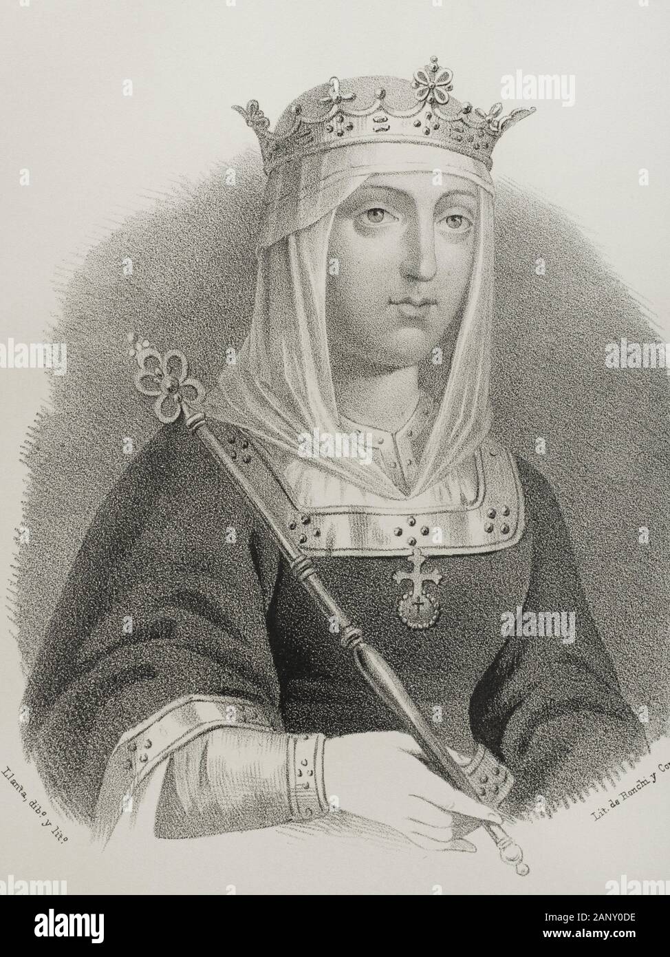 Isabel I de Castilla (1451-1504). Reina de Castilla (1474-1504). Esposa de Fernando I de Aragón. Dibujo por Llanta. Litografía. Crónica de España. Historia y Ilustrada Descriptiva de Sus Provincias. Aragón, 1866. Biblioteca Histórico Militar de Barcelona, Cataluña, Spanien. Stockfoto