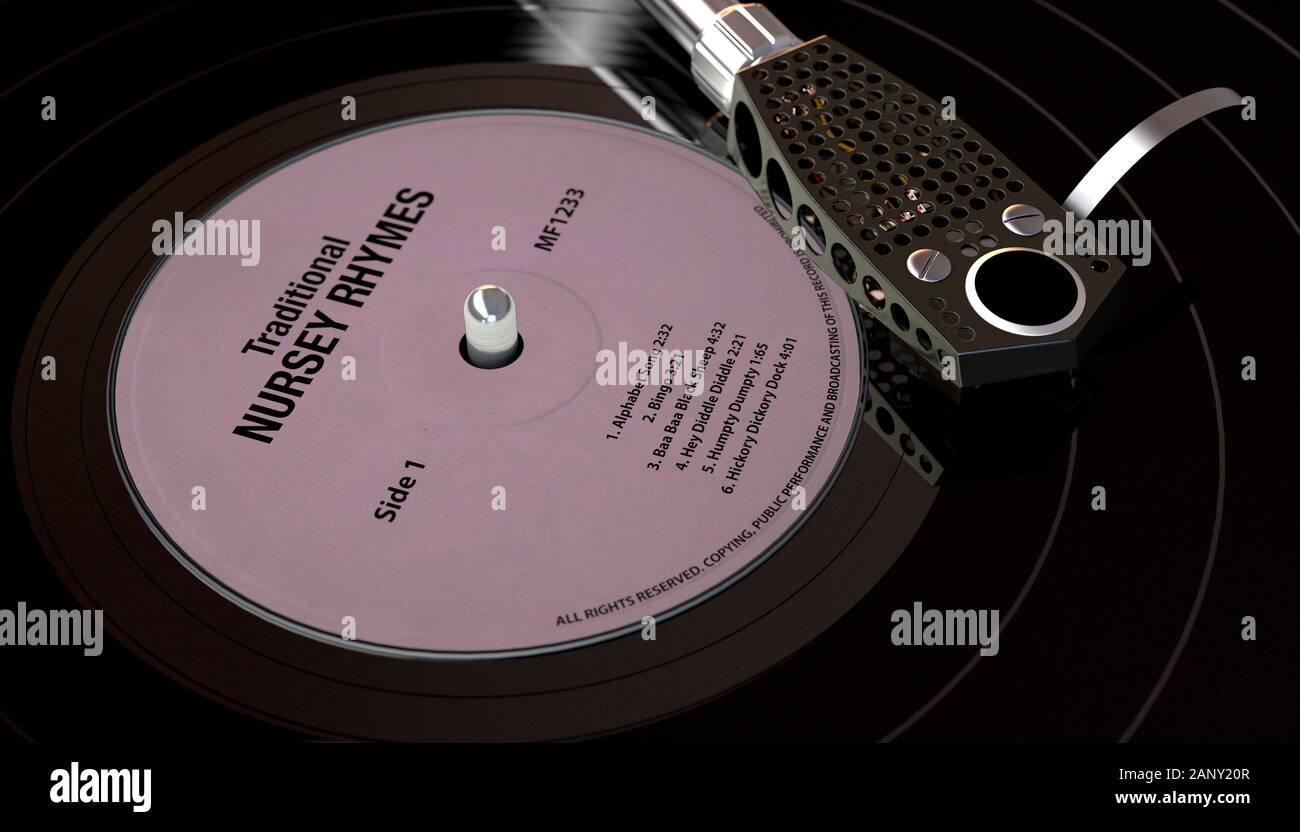 Ein Vintage unbranded Plattenspieler abspielen einer kinderreime Schallplatte auf einem stimmungsvollen Hintergrundbeleuchtung dunklen Hintergrund - 3D-Rendering Stockfoto