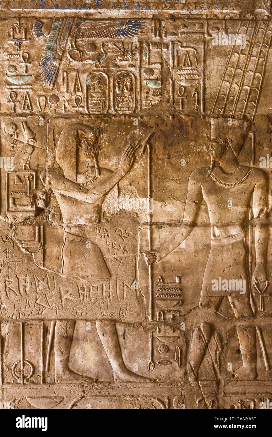 Reliefzeichnungen und Wandinschriften, Karnak-Tempel, Luxor, Ägypten, Nordafrika, Afrika Stockfoto