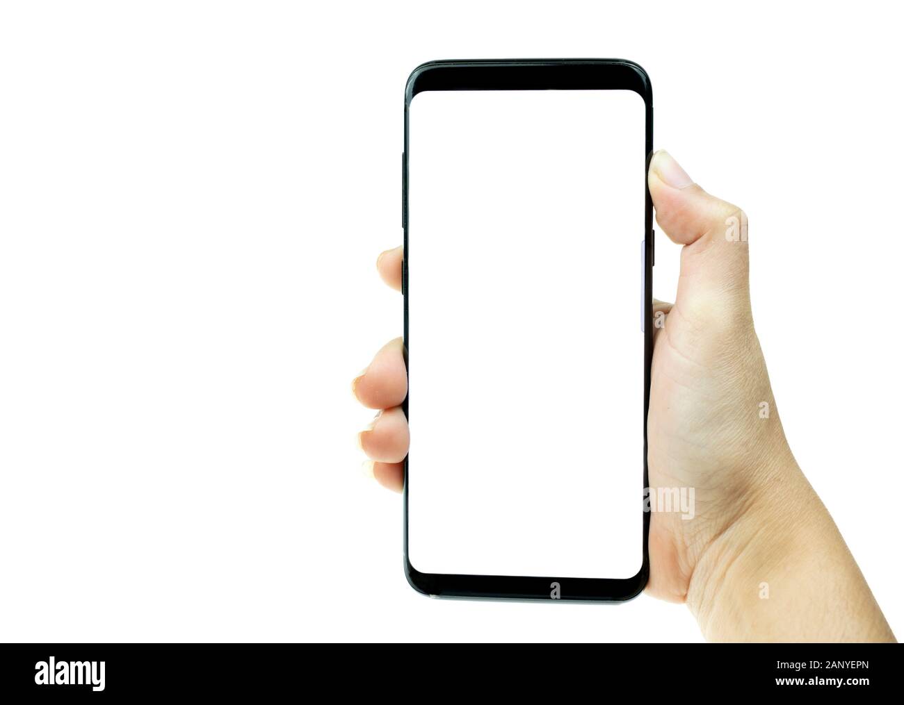 Frau Hand schwarz Handy mit weißer Bildschirm im Hintergrund, Smartphone leerer Bildschirm Stockfoto