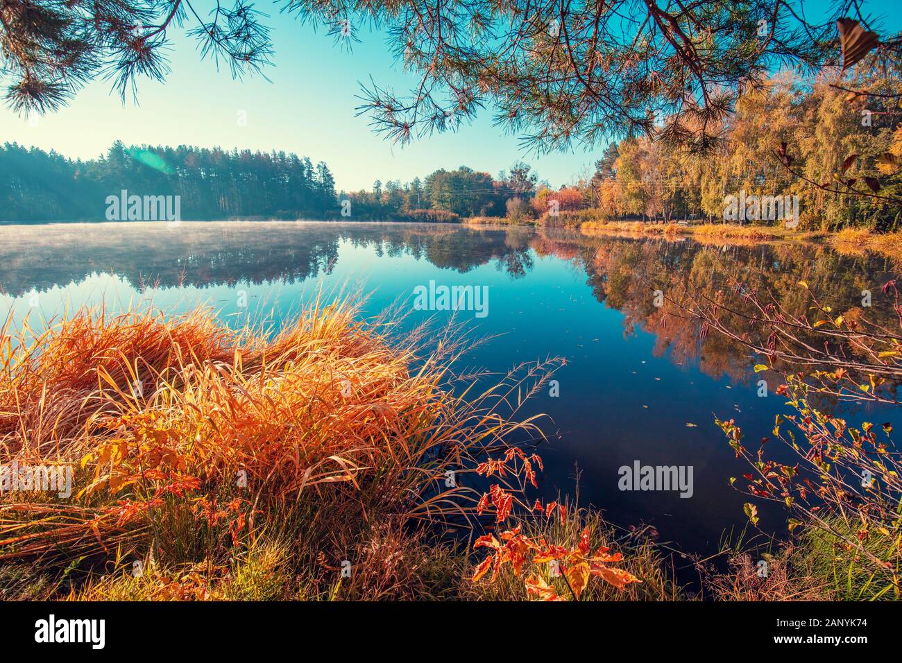 Early Misty Morning. Sonnenaufgang über dem See im Herbst Stockfoto