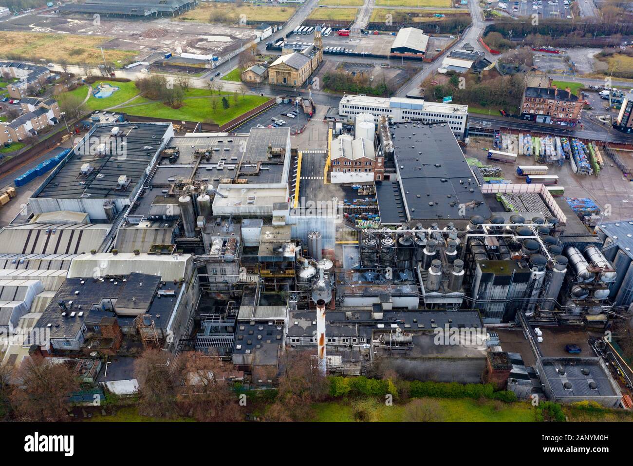 Blick auf die Wellpark Brewery, Heimat der Tennent Caledonian Breweries im Osten Von Glasgow, Schottland, Großbritannien Stockfoto