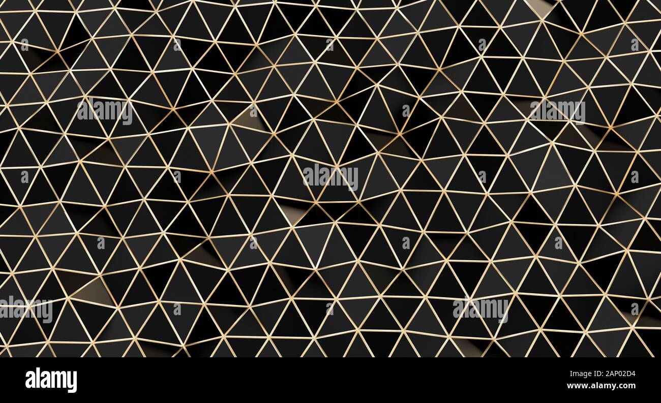 Minimalistische schwarze dreieckige Mosaik mit gold Linien. 3D-Render Bild. abstrakten geometrischen Hintergrund. Stockfoto