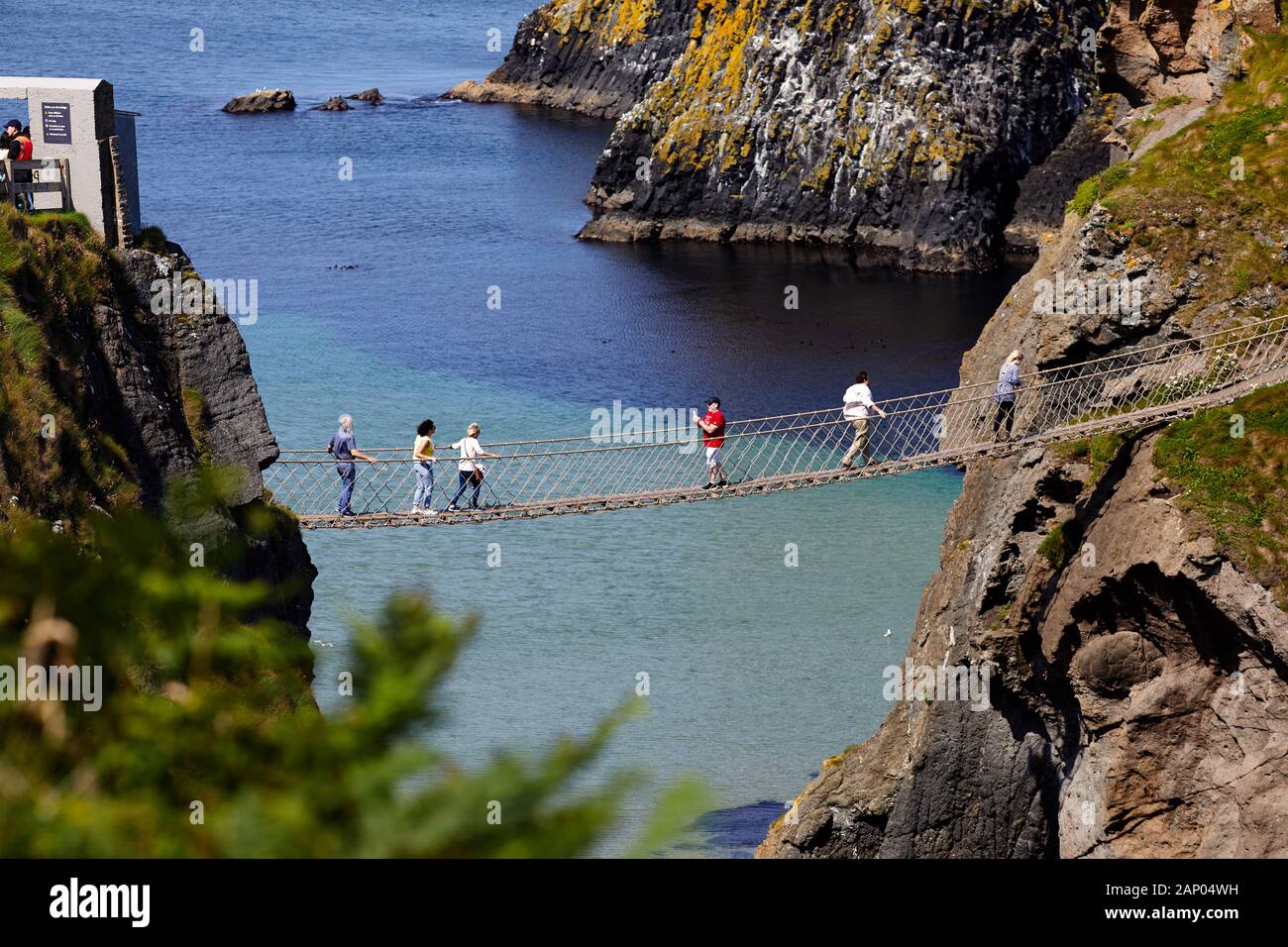 Carrick-a-Rede Seilbrücke an der Causeway Küste, County Antrim. Stockfoto