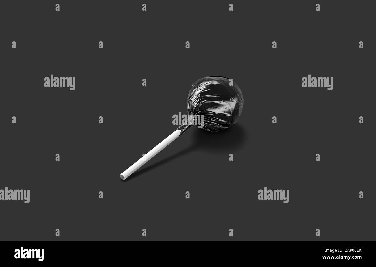 Blank schwarz Lollipop Wrap Mockup liegend, dunkler Hintergrund Stockfoto