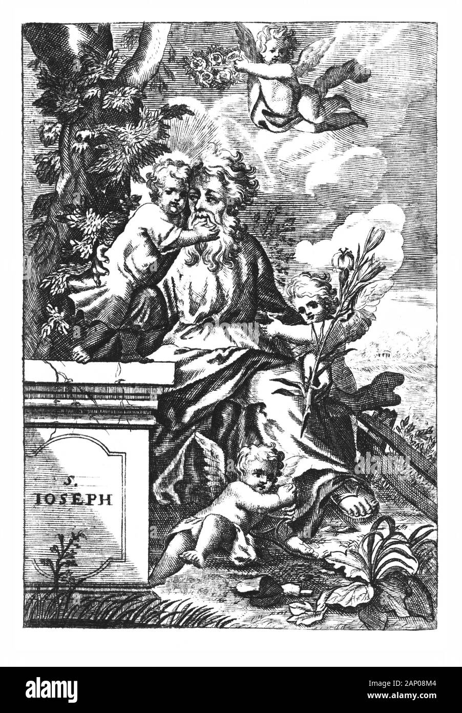 Antique vintage religiösen allegorische Gravur oder Zeichnung des Christlichen heiligen Mann Saint Joseph, der Vater von Jesus, mit Putten und Engeln. Abbildung aus Buch sterben Betrubte und noch Ihrem beliebten..., Österreich, 1716. Artist ist unbekannt. Stockfoto