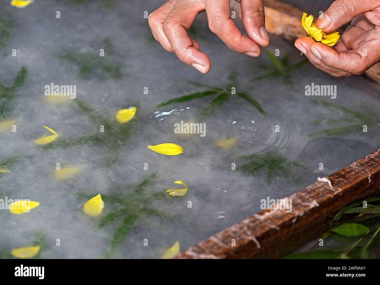 Blumendekorationen eingefügt während des traditionellen Maulbeerpapier, Verbot Xangkong, Laos Stockfoto