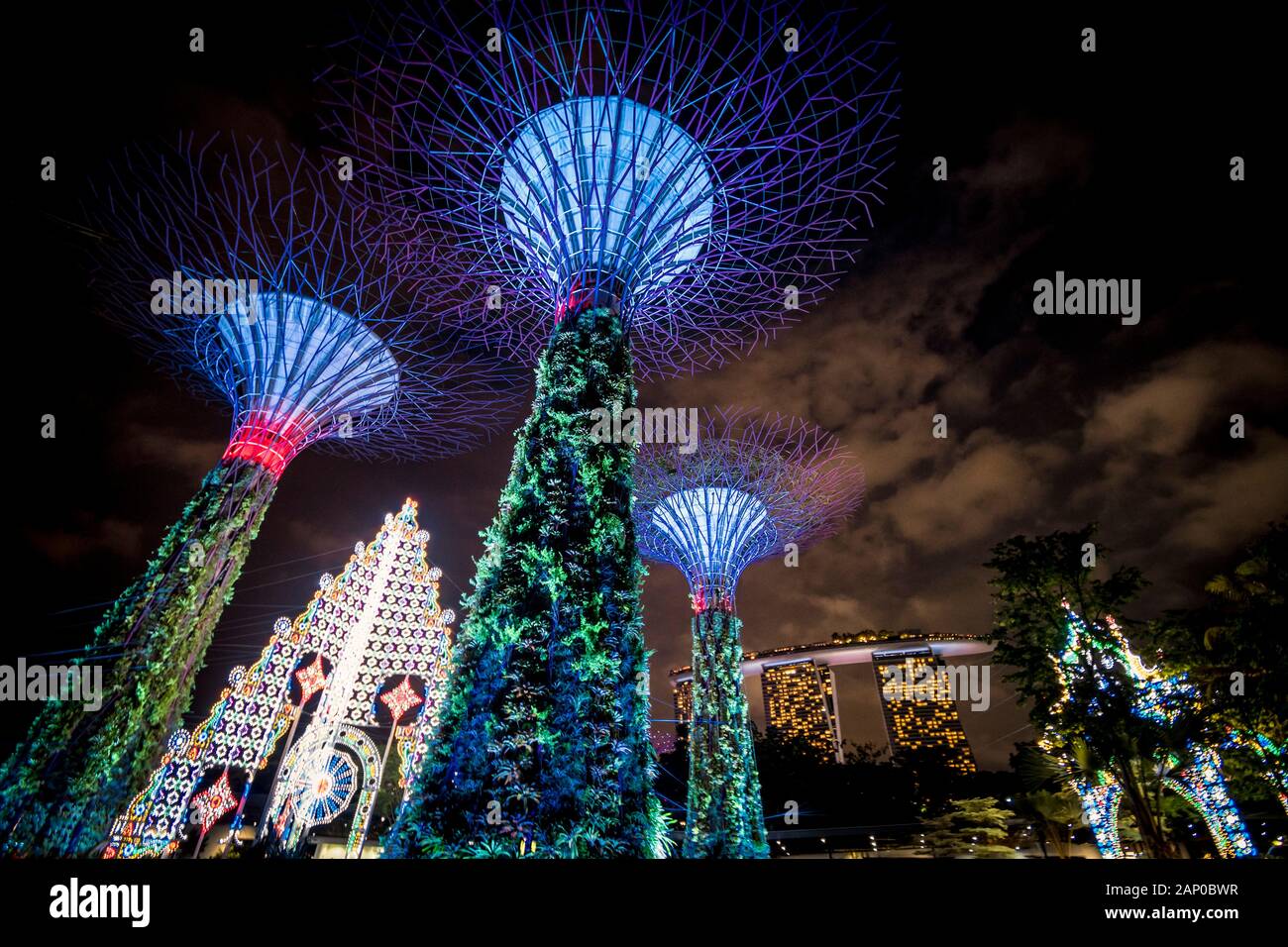 Singapur Supertree Grove Light Display nach Einbruch der Dunkelheit Stockfoto