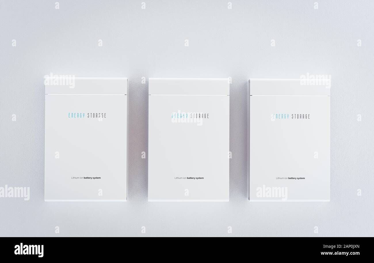 Konzept eines integrierten Batterie Energy Storage System. Mehrere moderne weiße Lithium-Ionen-Batterien montiert auf saubere Wand. 3D-Rendering. Stockfoto
