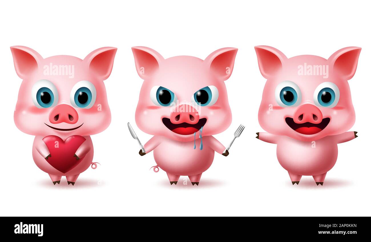 Schwein stehend Zeichen Vektor einrichten. Tier schweine Charakter in süßen Ausdrücke von hungrigen, glücklich und aufgeregt mit Herz, Messer- und Schweinefleisch Elemente. Stock Vektor