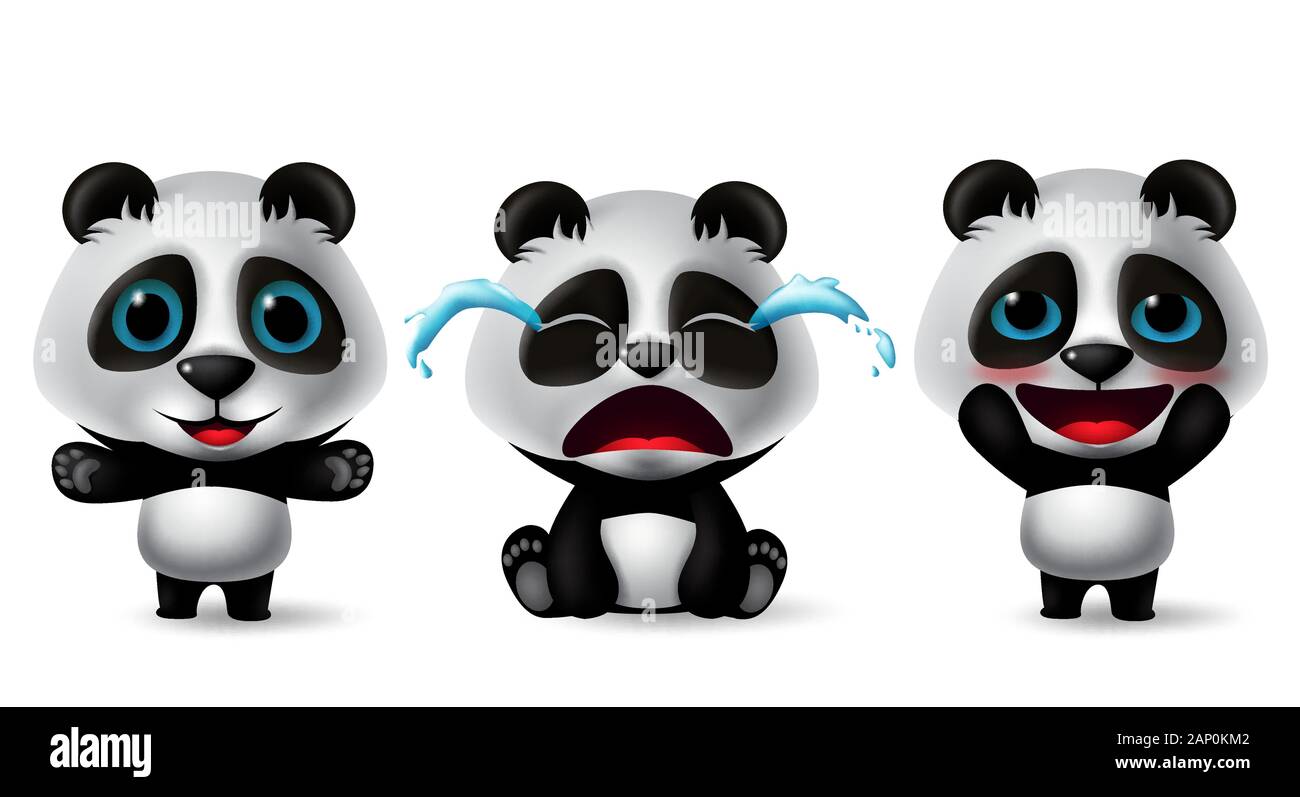 Panda zeichen Vektor einrichten. Pandas Tier Charakter in süßen, Weinen, glücklich, zufrieden, Stehen und Sitzen darstellen und Ausdrücken in Weiß isoliert. Stock Vektor