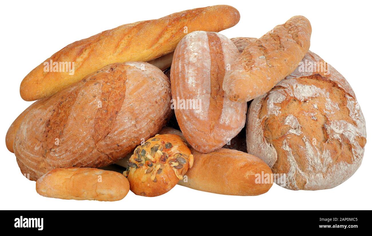 Stapel der verschiedenen Brotsorten isoliert mit Freistellungspfad Stockfoto