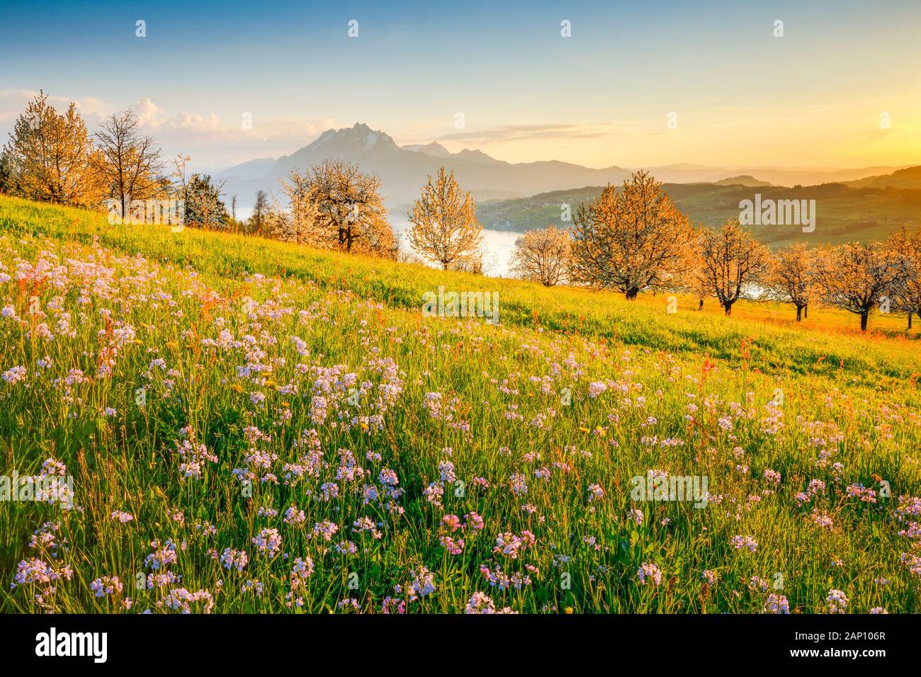 Berg Pilatus und Vierwaldstättersee im Frühjahr. Schweiz Stockfoto