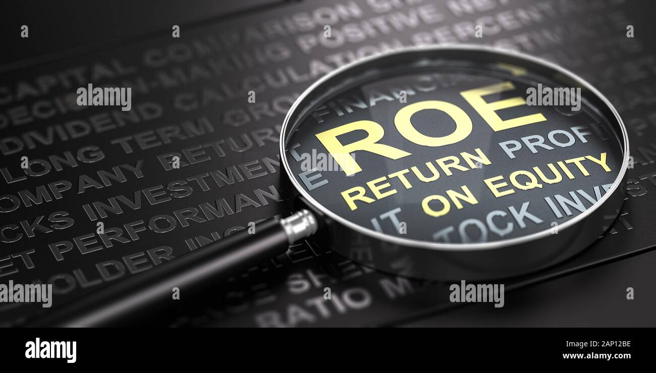 3D-Darstellung einer Lupe über schwarzen Worte und auf den Text der ROE (Return on Equity) mit goldenen Buchstaben geschrieben. Stockfoto