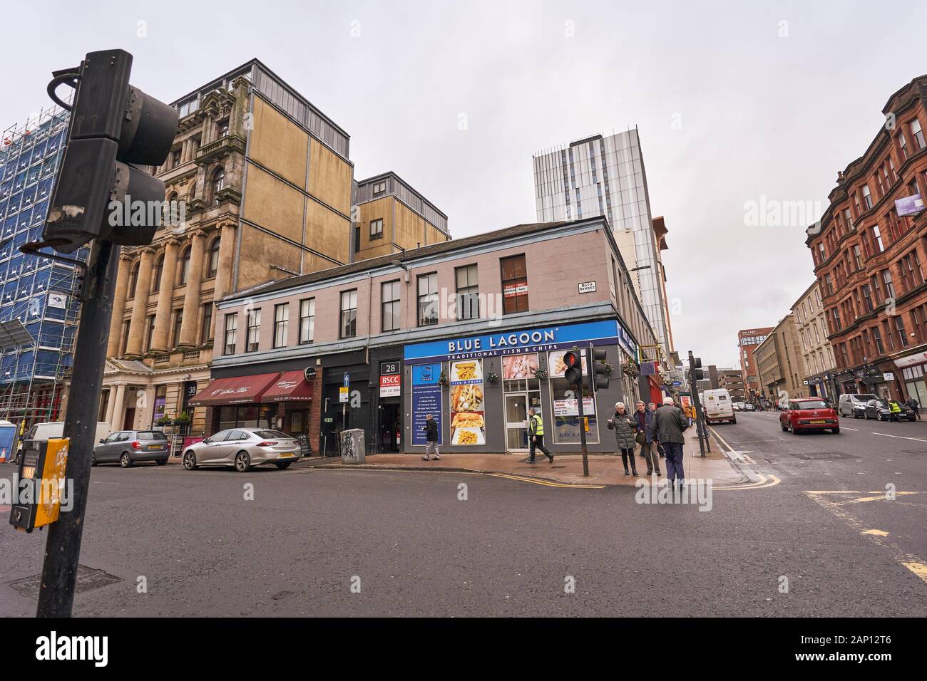 Glasgows ältestes italienisches Restaurant, eine der ältesten Pubs der Stadt und die berühmte Blue Lagoon Chippy liegen ganz in der Nähe. Stockfoto