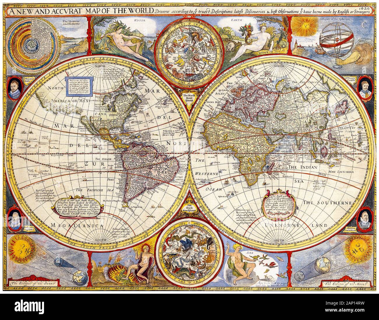 Alte Weltkarte, 17. Jahrhundert, Illustration, 1626 Stockfoto