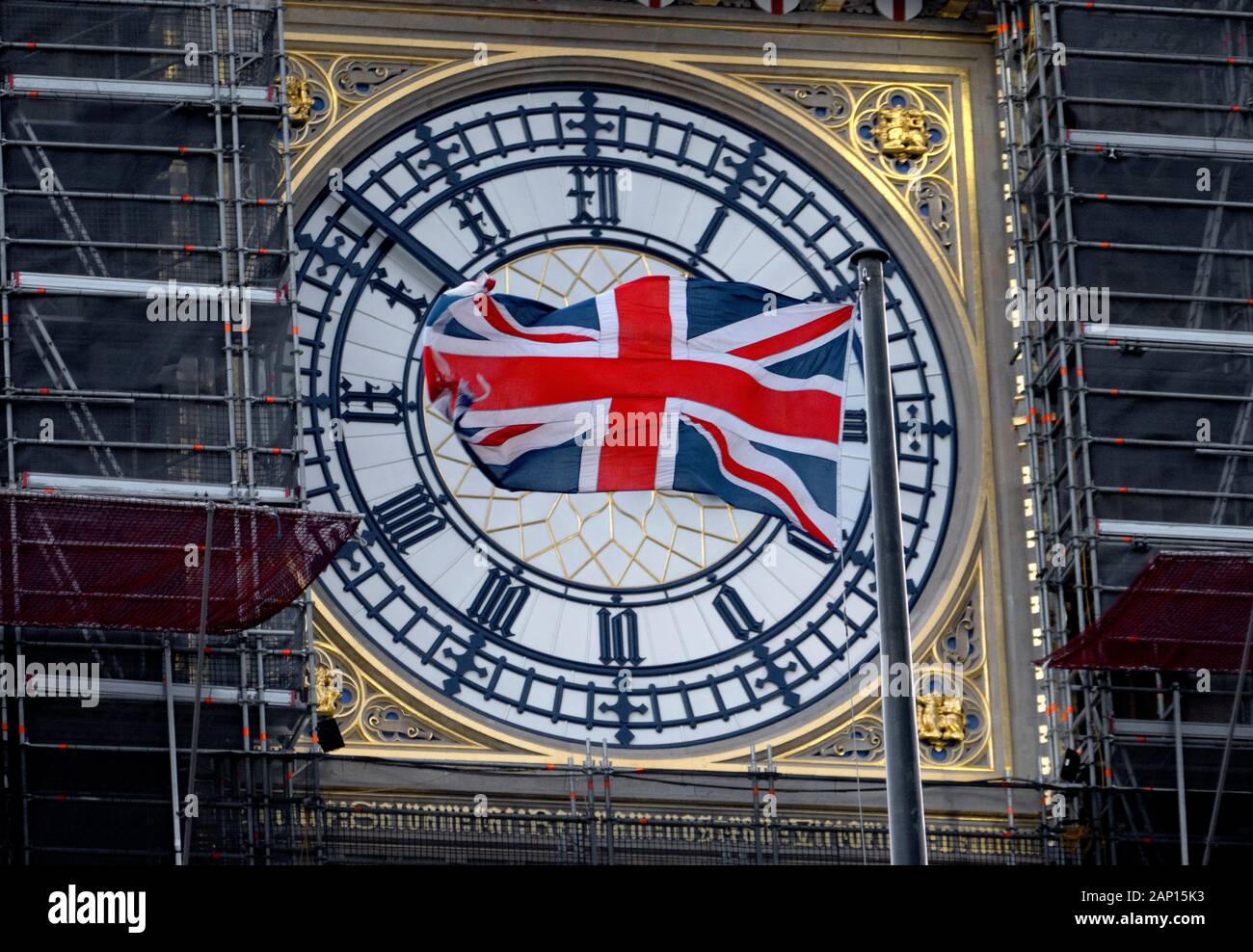 Die berühmten Big Ben, das Parlamentsgebäude oder Palast von Westminster in London, England. Im Rahmen der Renovierung. Der Öffentlichkeit wurden befragt, ob sie Wan Stockfoto