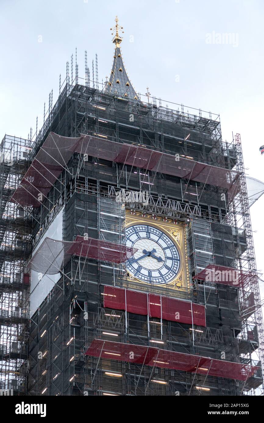 Die berühmten Big Ben, das Parlamentsgebäude oder Palast von Westminster in London, England. Im Rahmen der Renovierung. Der Öffentlichkeit wurden befragt, ob sie Wan Stockfoto