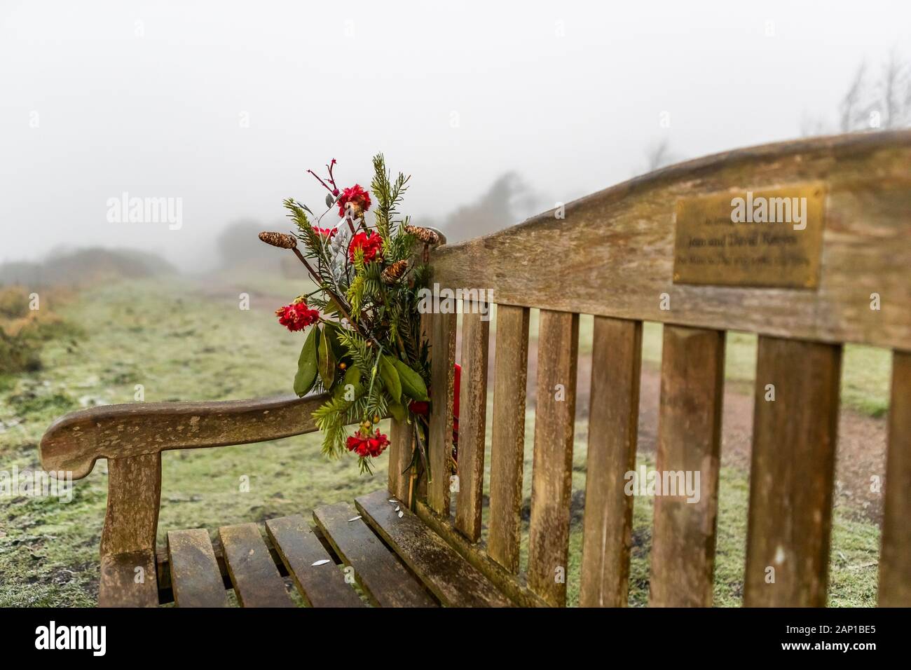 Erinnerungsbank zu Jean und David Reeves mit Blick auf den Fluss Severn in Lydney Hafen, Gloucestershire. UK. Stockfoto