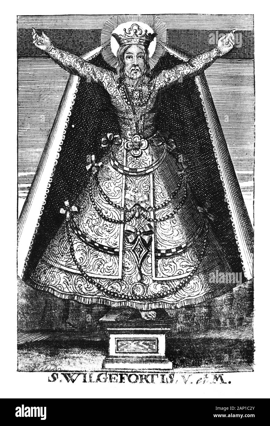 Antique vintage religiösen allegorische Gravur oder Zeichnung des Christlichen Heiligen Frau St. Wilgefortis. Abbildung aus Buch sterben Betrubte und noch Ihrem beliebten..., Österreich, 1716. Artist ist unbekannt. Stockfoto