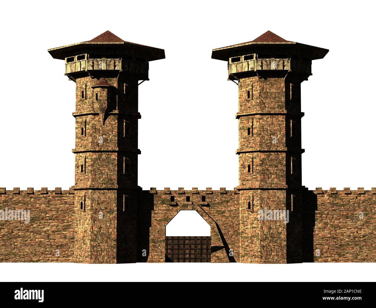 Mittelalterliche Burg Mauer mit Wachtürmen und Tor auf weißem Hintergrund Stockfoto