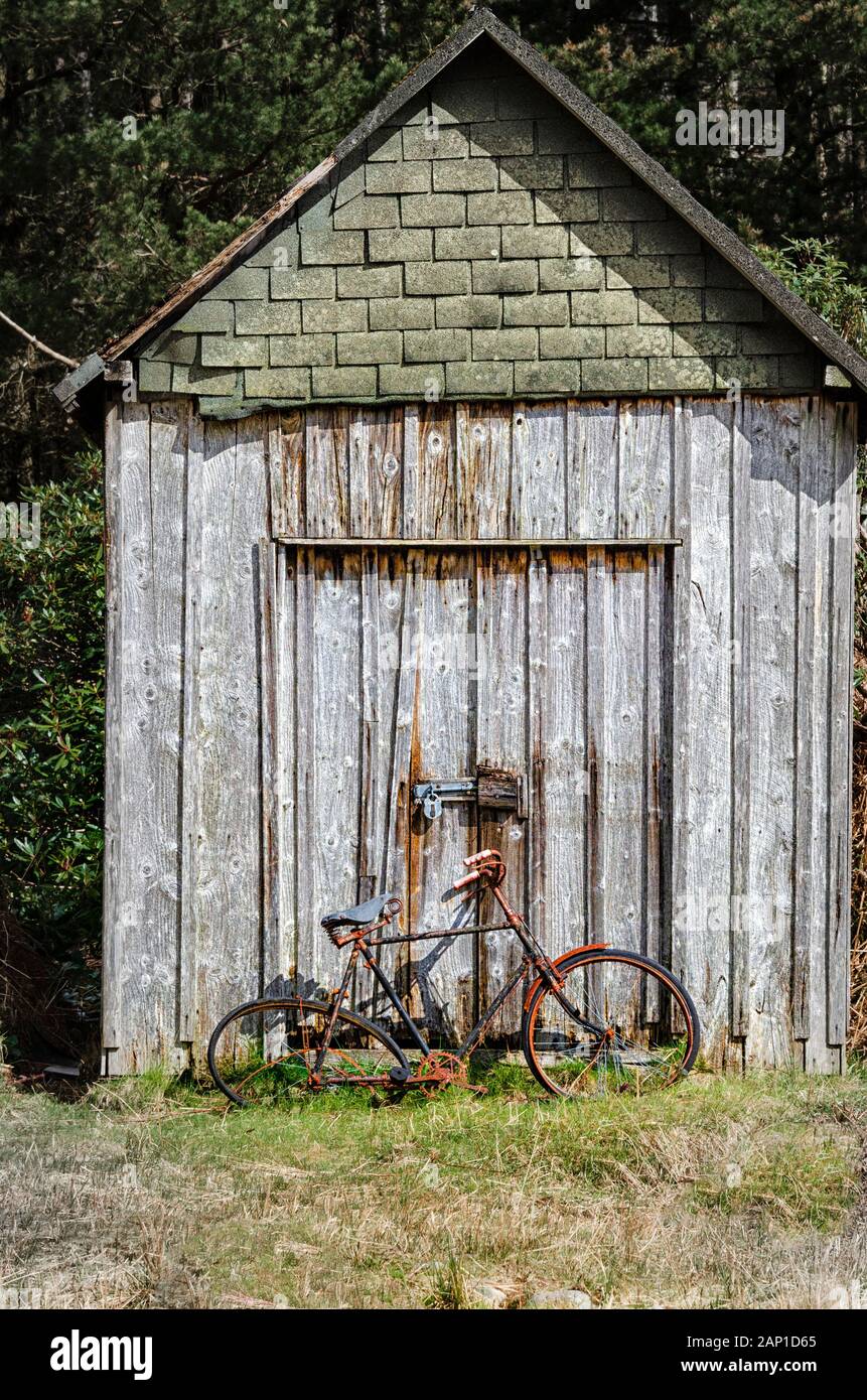 Rostigen alten Fahrrad vor ein altersschwaches verwitterte Holzhütte abgebrochen Stockfoto