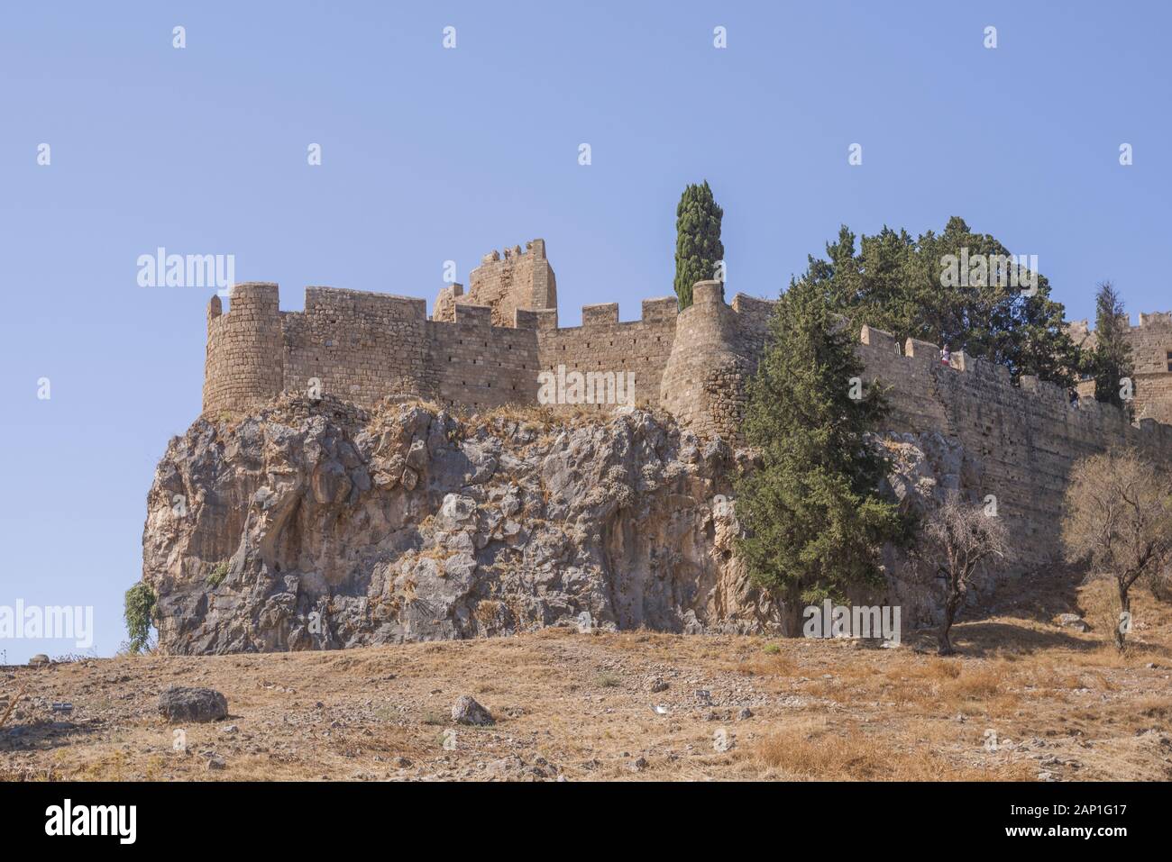 Blick auf die Akropolis von Lindos, Rhodos, Griechenland Stockfoto