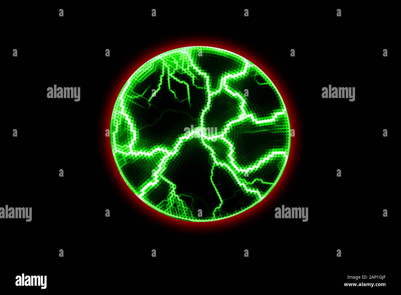 Chaotische elektrische Entladungen auf schwarzem Hintergrund. Grün leuchtenden Blitz im Kreis. Magische Lichteffekt Stockfoto