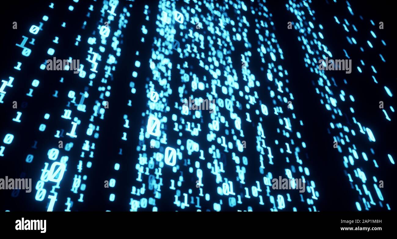 Digitale Leitungen von binären Code, leuchtende Neon style, binäre Daten Hintergrund, blaue Farbe Stockfoto