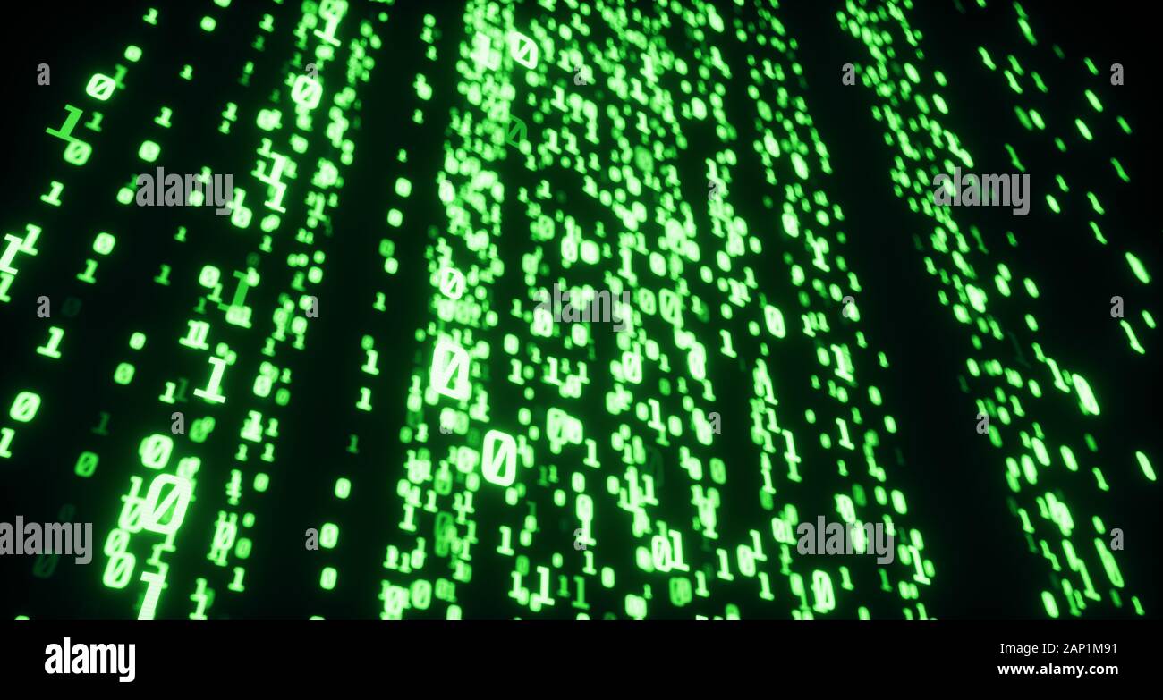 Digitale Leitungen von binären Code, leuchtende Neon style, binäre Daten Hintergrund, Farbe grün Stockfoto