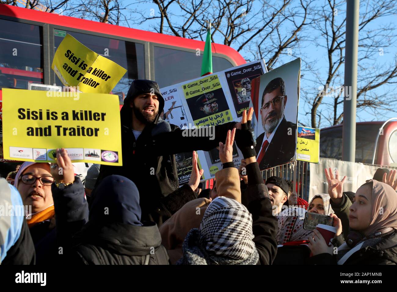 London/UK - Januar 20, 2020: Gegner des Ägyptischen Präsidenten Abdel Fattah El-Sisi Protest außerhalb des Vereinigten Königreichs Africa Investment Summit in Greenwich, London Stockfoto