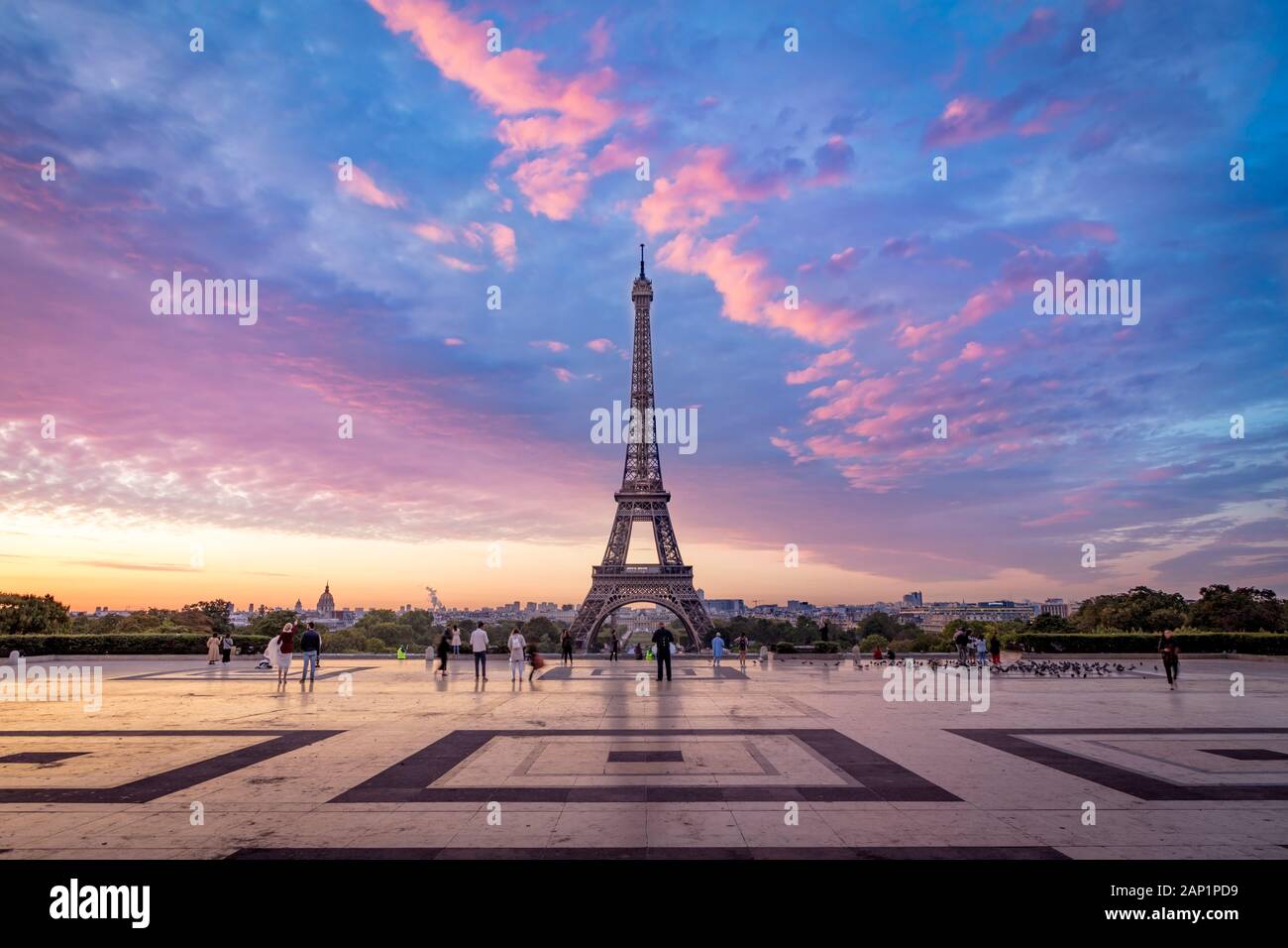 Dämmerung über Eiffelturm von Jardins du Trocadéro, Paris, Frankreich Stockfoto