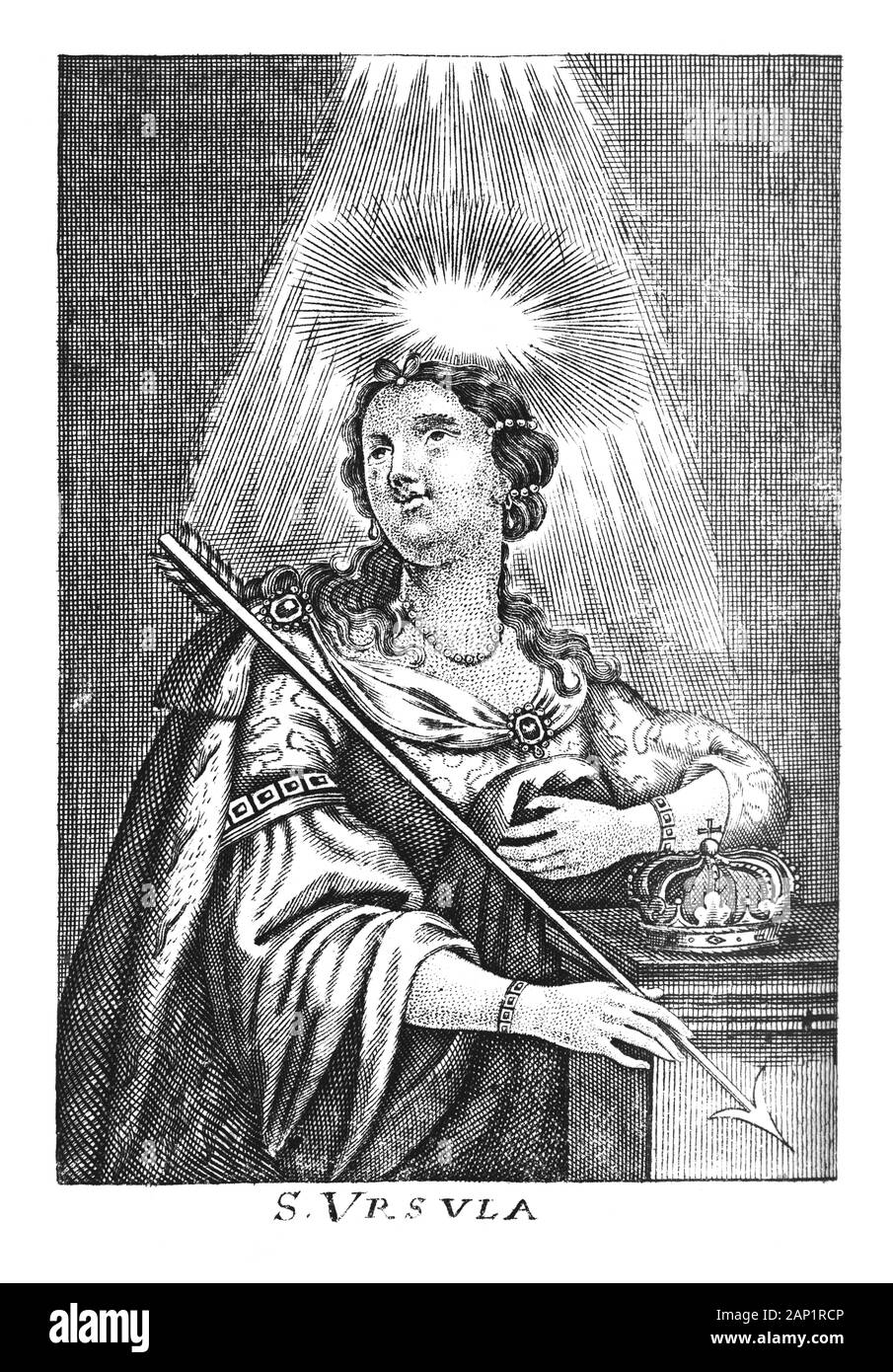 Antique vintage religiösen allegorische Gravur oder Zeichnung des Christlichen Heiligen Frau St. Ursula. Abbildung aus Buch Betrubte und noch Ihrem Bel Sterben Stockfoto